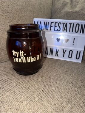 Vintage Siesta Ware Brown Glass Barrel Jar  - "try it - you'll like it!"